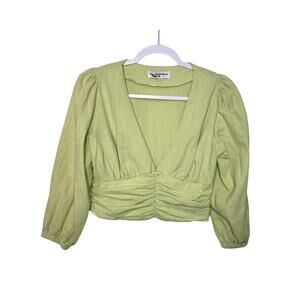 Charlie Holiday Cropped V Neck Balloon Sleeve Blouse Women 4‎ Green Boho Casual